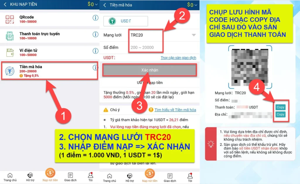 Lấy mã TRC20 trên điện thoại