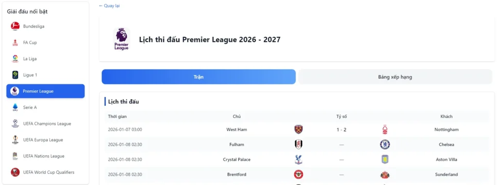 Anh em BET thủ có thể theo dõi lịch thi đấu hàng ngày tại Ngoại Hạng TV