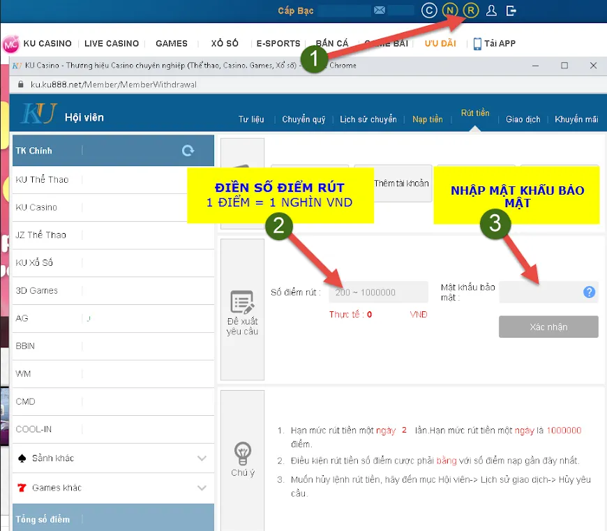 Hướng dẫn rút tiền trên PC