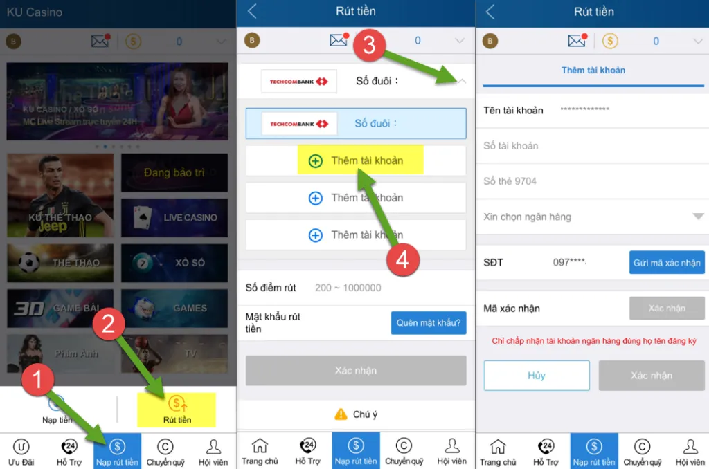 Thêm tài khoản ngân hàng để nạp rút tối ưu hơn - Giao diện điện thoại